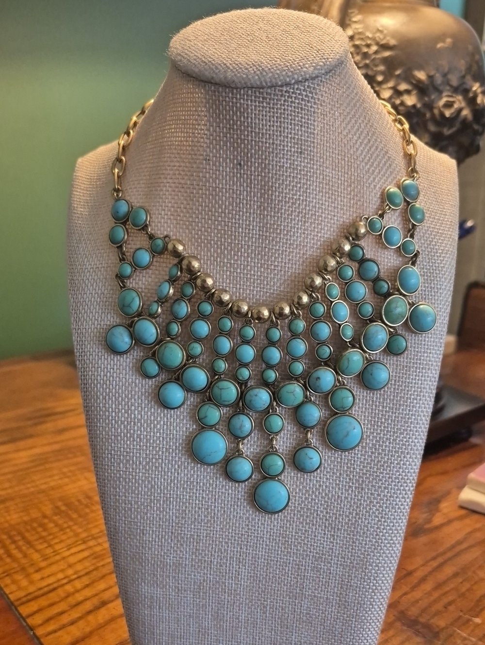 Lucky Brand Bib Necklace Gold Tone Faux Turquoise Boho Statement Jewelry